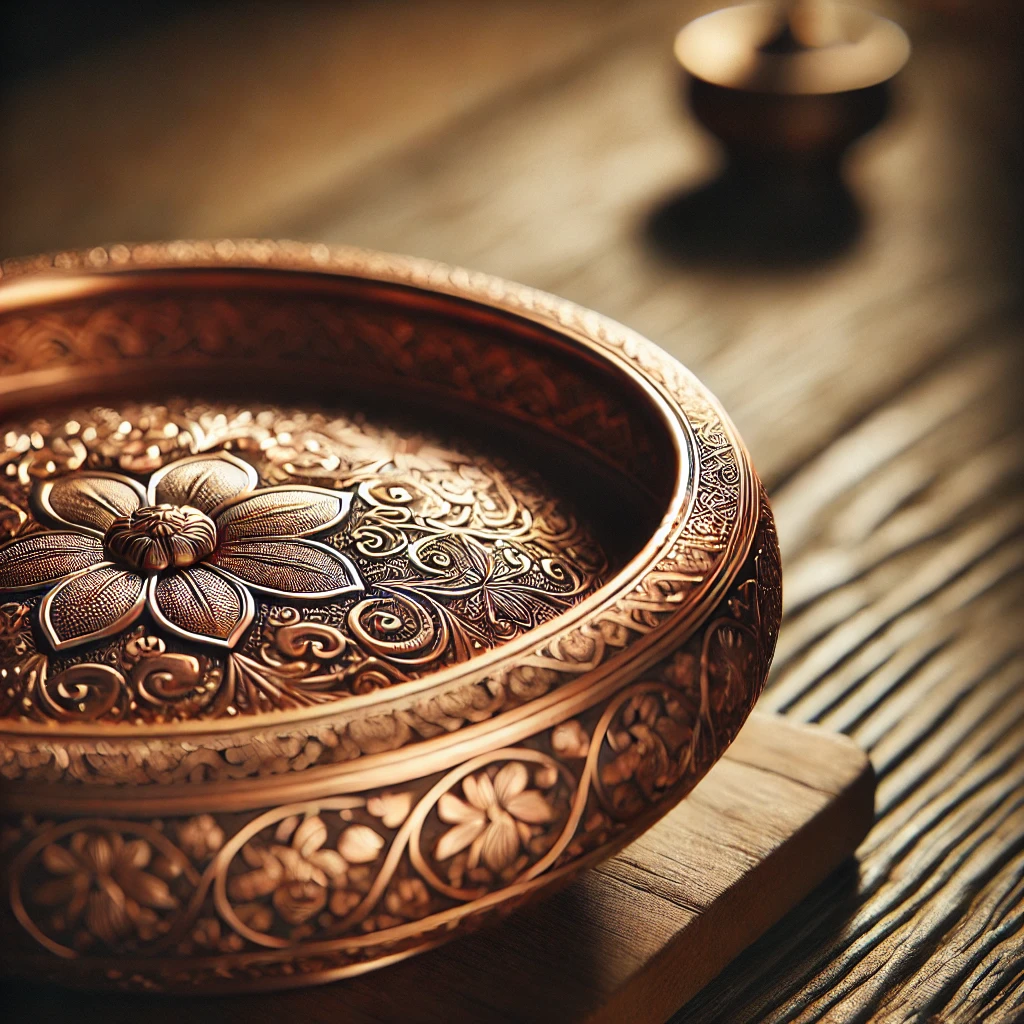 A beautifully crafted copper dish, featuring intricate floral patterns, placed elegantly on a wooden table. The warm tones of the copper contrast with